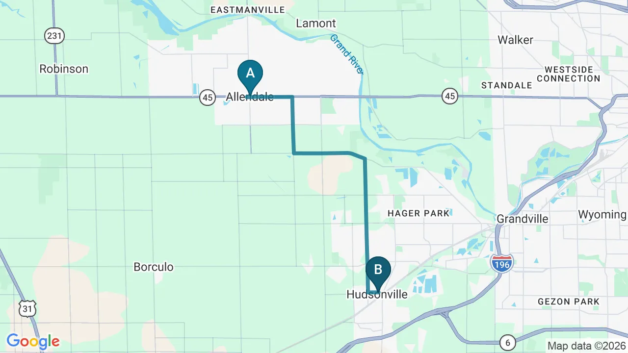 Driving directions map from Allendale, MI to Big Spirit Chiropractic in Spirit Lake