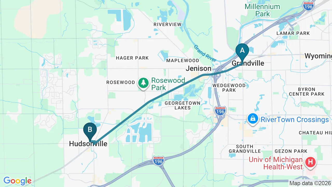 Driving directions map from Grandville, MI to Big Spirit Chiropractic in Spirit Lake