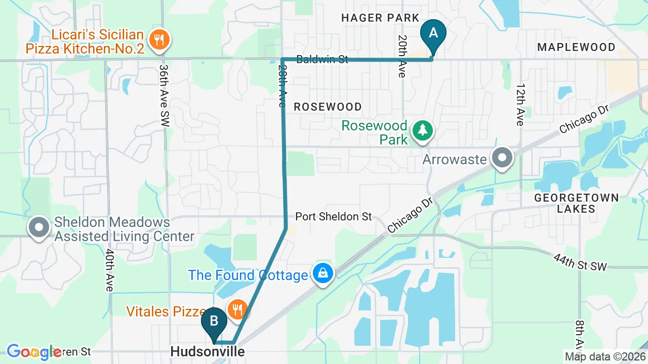 Driving directions map from Jenison, MI to Big Spirit Chiropractic in Spirit Lake