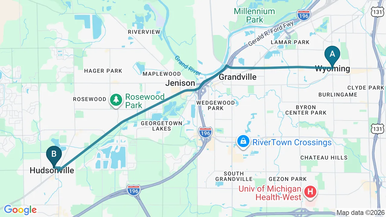 Driving directions map from Wyoming, MI to Big Spirit Chiropractic in Spirit Lake