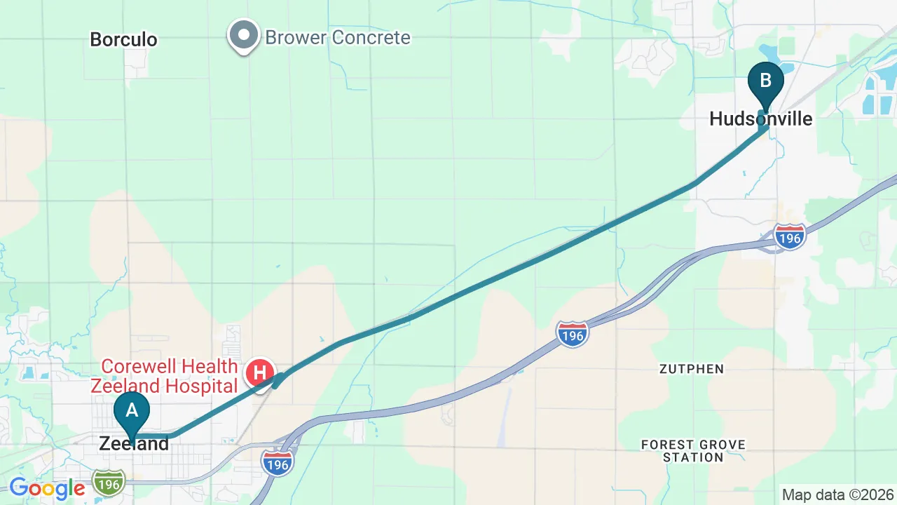 Driving directions map from Zeeland, MI to Big Spirit Chiropractic in Spirit Lake